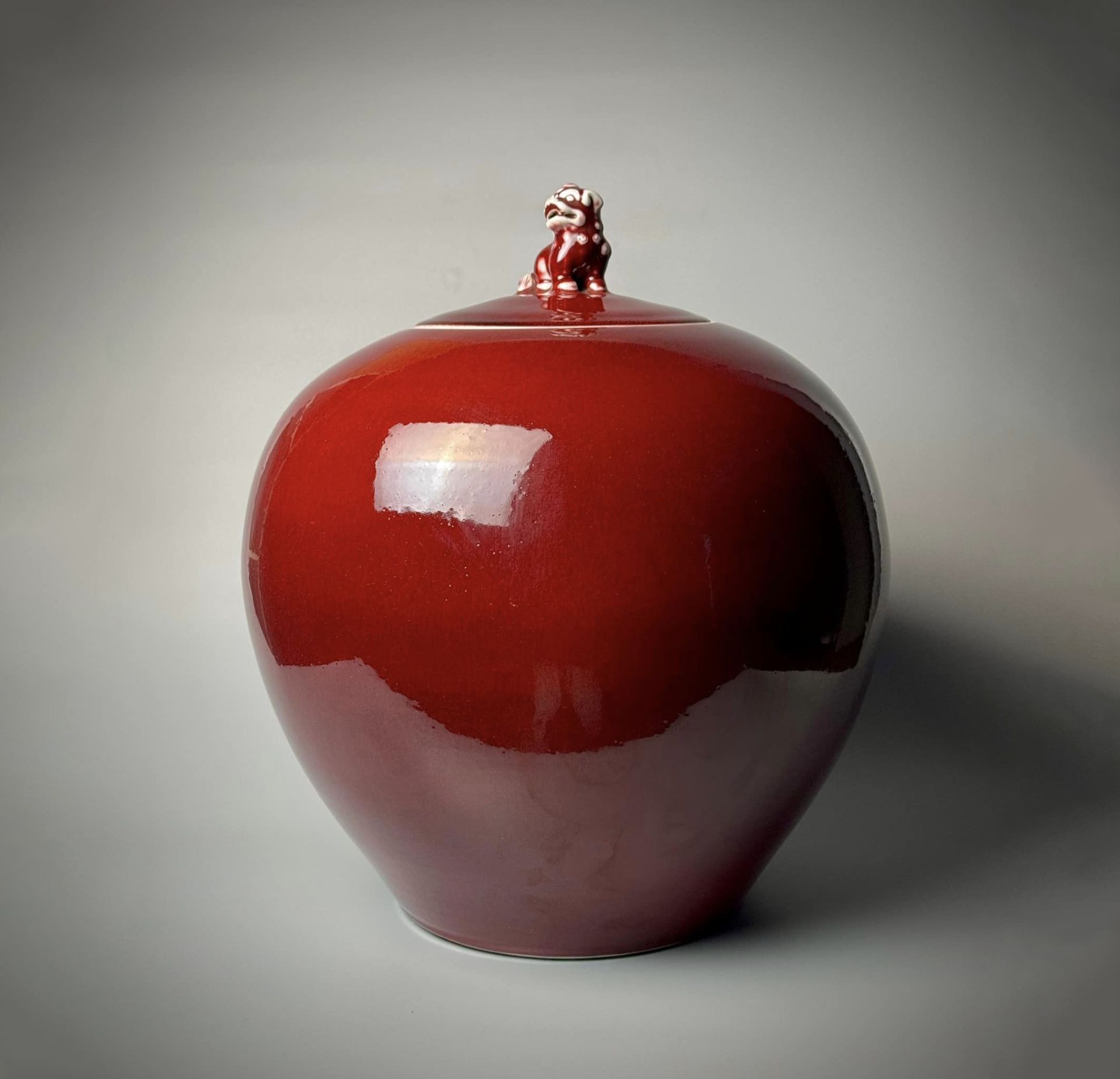 曉芳窯｜早期寶石紅釉獅鈕蓋罐｜大茶倉｜超大尺寸｜蔡老師親簽款